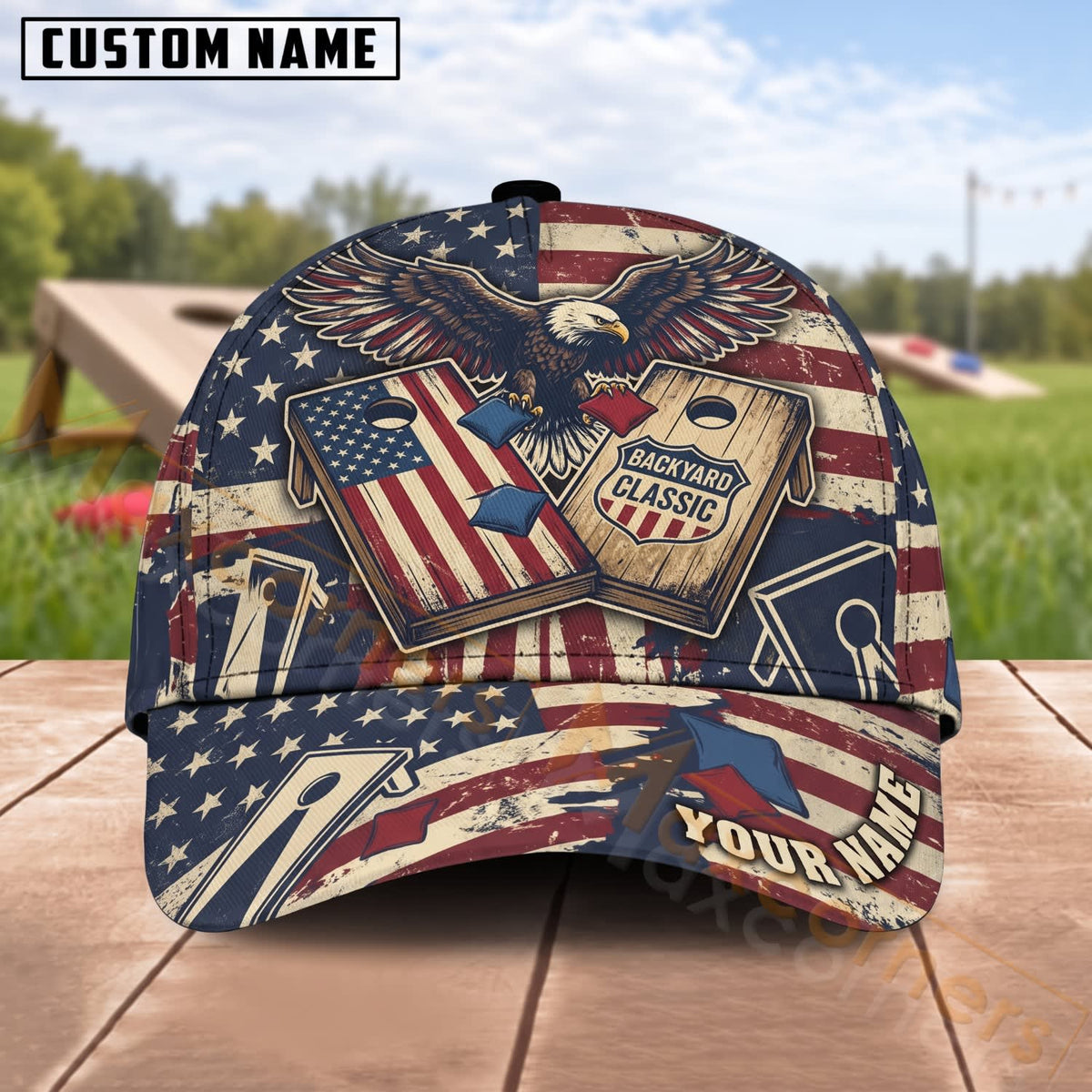 Maxcorners Cornhole Bald Eagle American Flag Patriotic Badge Personalized Name 3D Cap