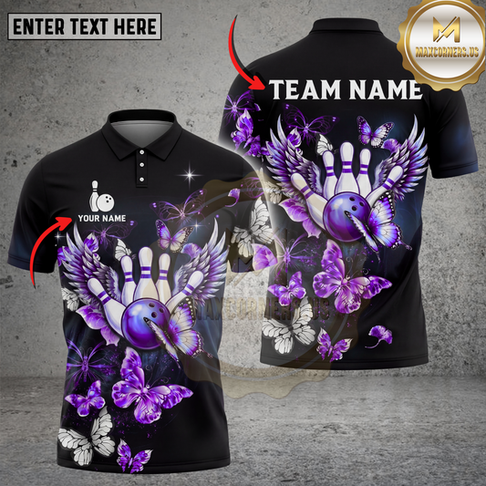 Maxcorners Bowling Polo Shirt Butterfly Wings Bowling Ball Art Multicolor Options Personalized Name, Team Name 3D Shirt (4 Colors)