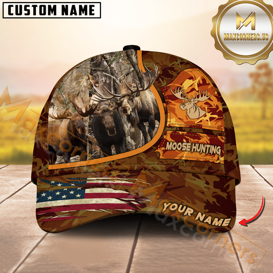 Maxcorners Moose Hunting Camo With American Flag Personalized Hat 3D Printed Multicolor | Orange