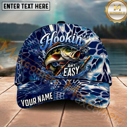 Maxcorners Fishing Hookin Adventure Blue Hexagon Multi Options Personalized Name 3D Cap (11 Fish Species)
