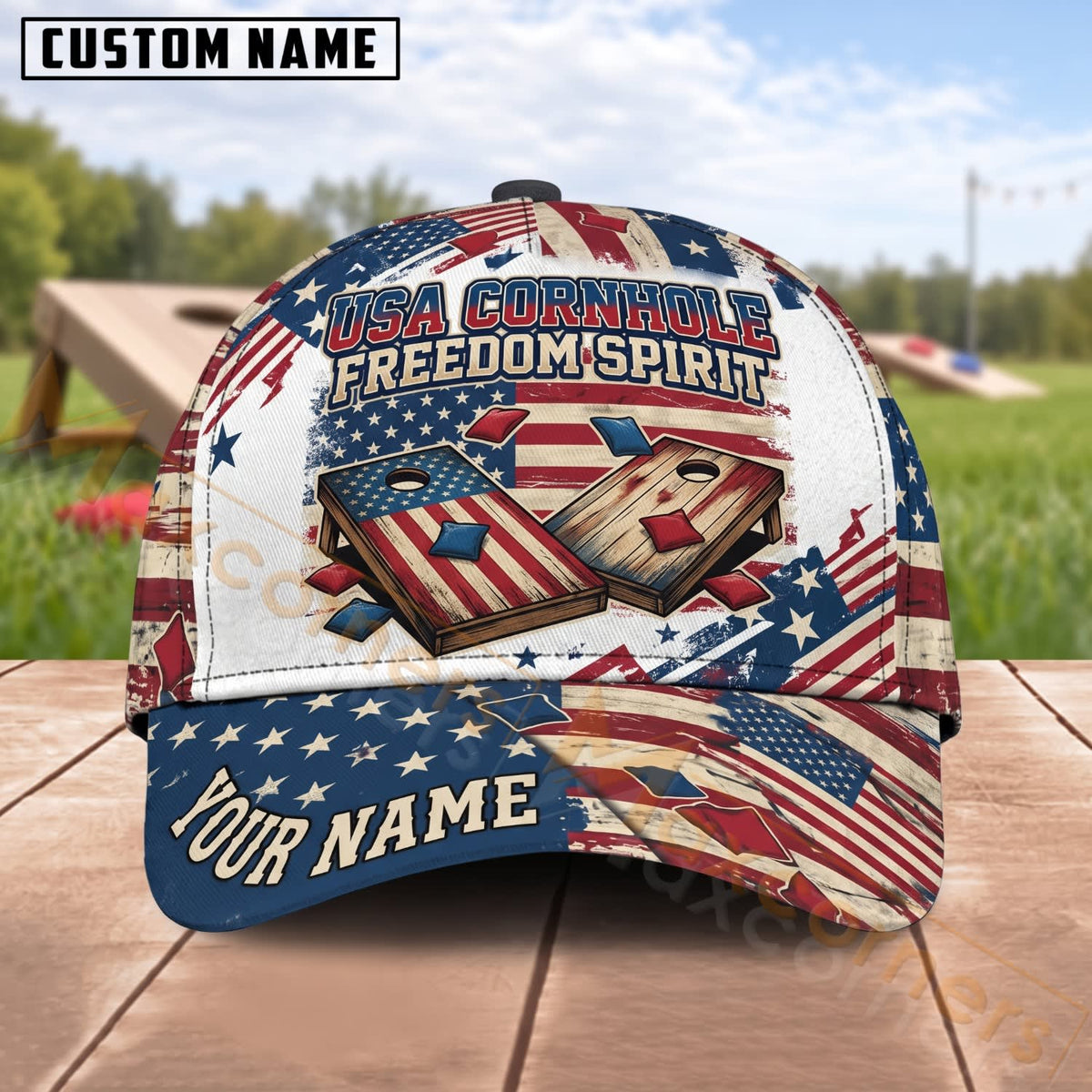 Maxcorners Cornhole Freedom Spirit American Flag Eagle Badge Personalized Name 3D Cap