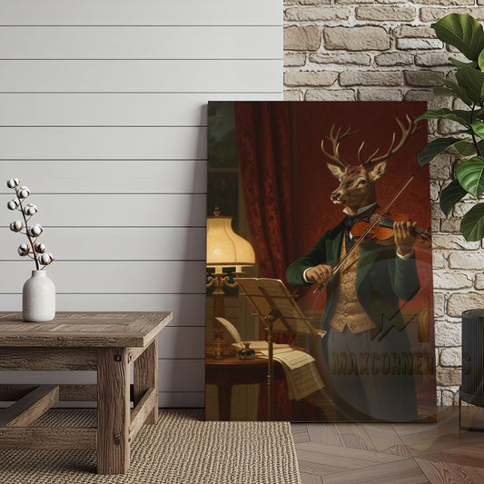 Maxcorners Deer Violinist Performing Classical Music in Elegant Vintage Room Wrapped Canvas Wall Art