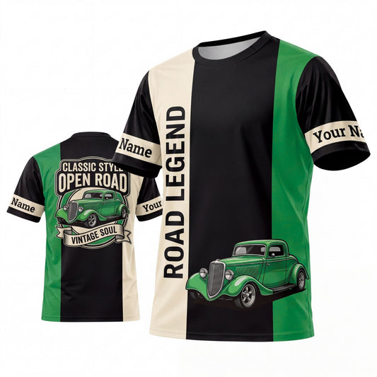 Maxcorners Personalized Car Classic Muscle Car 3D T-Shirt – Cream Teal Road Legend and Classic Pickup Truck