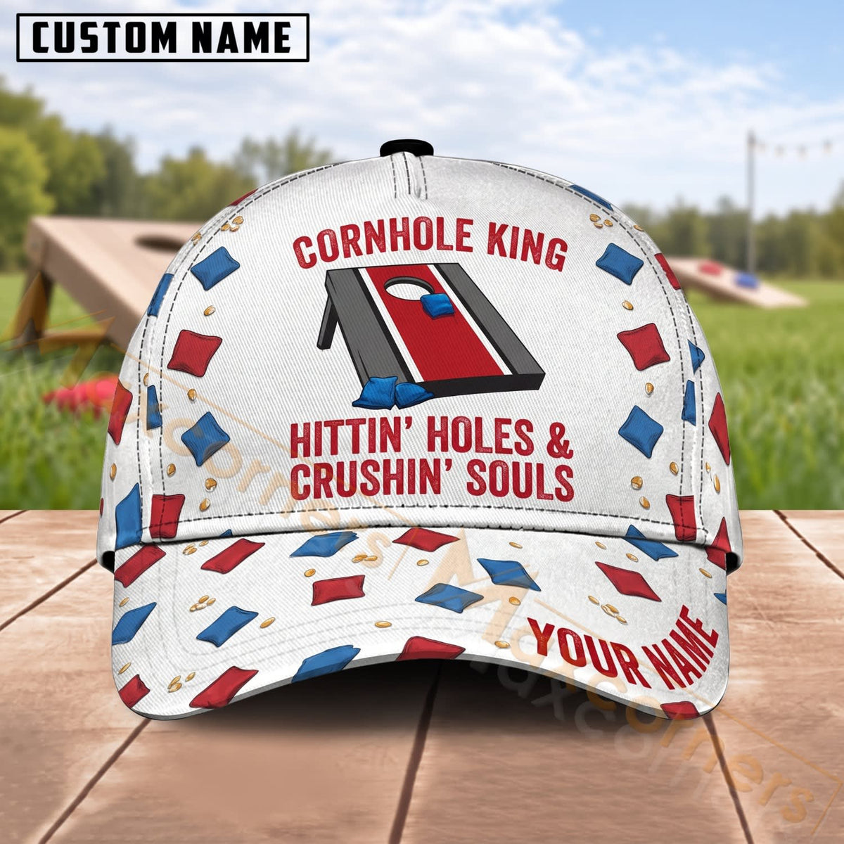 Maxcorners Cornhole King Red White Blue Design Personalized Name 3D Cap