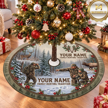 Maxcorners Hunting Deer Moose Rustic Winter Forest Personalized Name 3D Christmas Tree Skirt