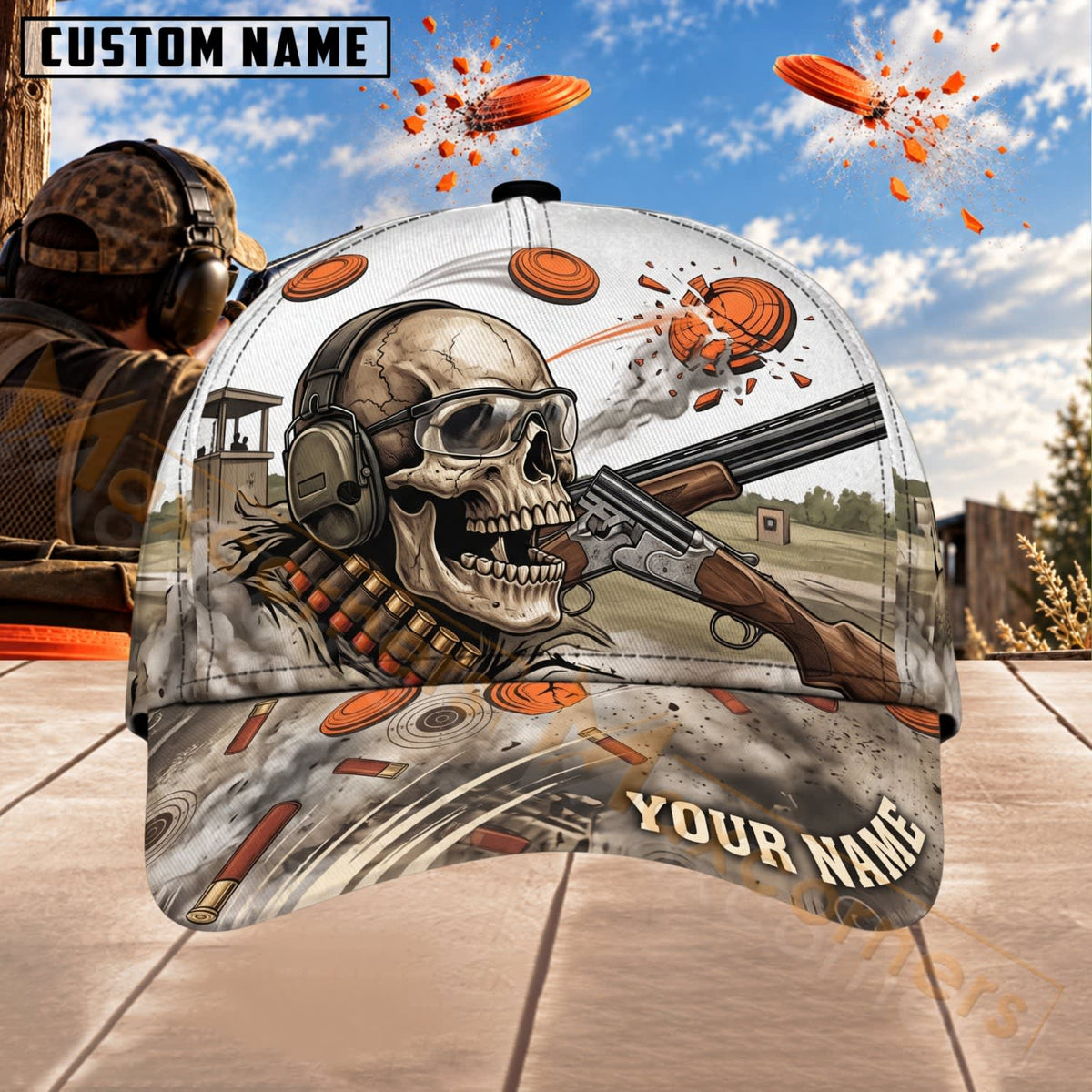 Maxcorners Trap & Skeet Shooting Skeleton Shotgun Shooter Personalized Name 3D Cap