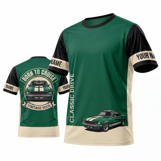 Maxcorners Personalized Car Classic Muscle Car 3D T-Shirt – Forest Green Cream Vintage Racing and Teal Classic Car