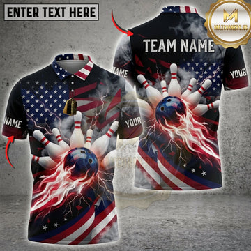 Maxcorners Bowling American Flag Lightning Bowling Ball And Strike Personalized Name 3D Unisex Shirt