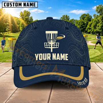 Maxcorners Disc Golf Navy Gold Chain Basket Personalized Name 3D Cap