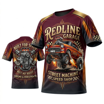 Maxcorners Personalized Car Classic Muscle Car 3D T-Shirt – Redline Garage Burgundy Yellow Street Machine