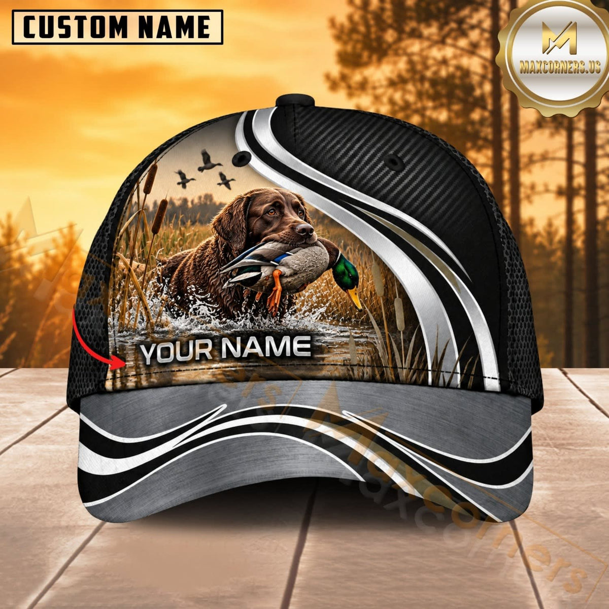 Maxcorners Dog Hunting And Duck Hunting Dog Black Silver Wave Personalized Name 3D Cap
-
