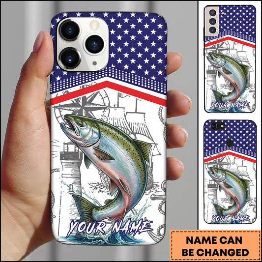 Maxcorners Chinook Fishing American Flag Nautical Sketch Style Personalized Name Phone Case