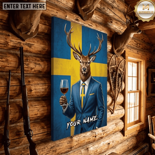 Maxcorners Deer Hunting Dapper Stag Blue Suit Wine Glass Sweden Flag Canvas Wall Art