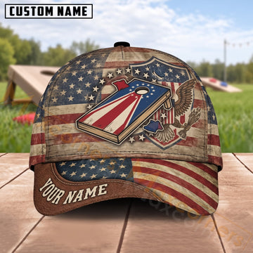 Maxcorners Cornhole American Flag Crossed Boards Patriotic Crest Personalized Name 3D Cap