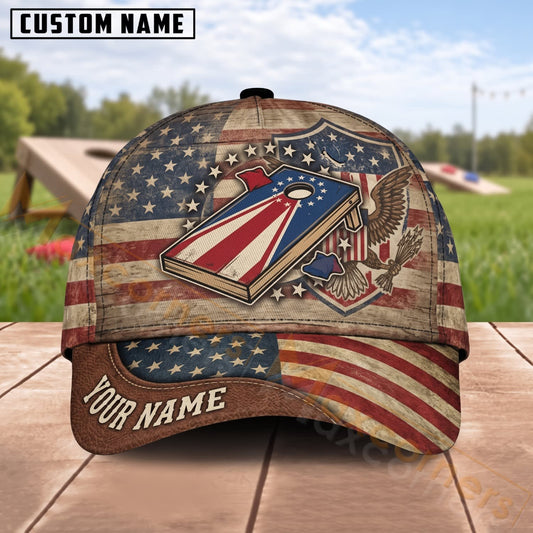 Maxcorners Cornhole American Flag Crossed Boards Patriotic Crest Personalized Name 3D Cap