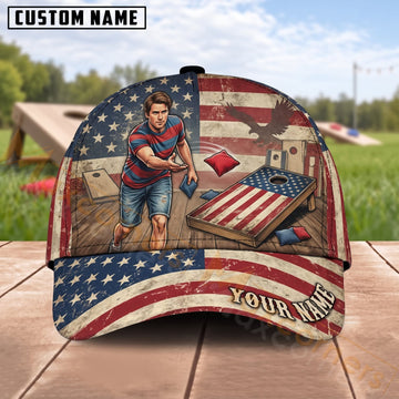 Maxcorners Cornhole American Flag Male Player Backyard Boards Personalized Name 3D Cap