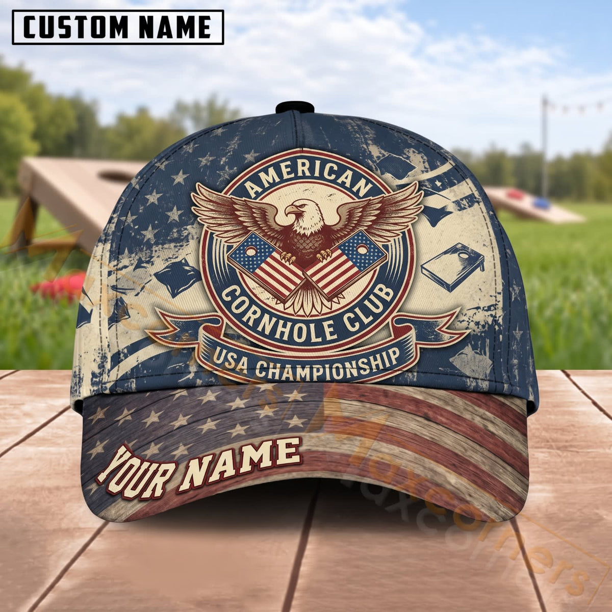 Maxcorners Cornhole American Champion Eagle Patriotic Emblem Personalized Name 3D Cap