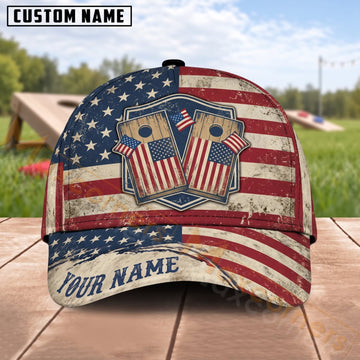 Maxcorners Cornhole American Flag Twin Boards Stars And Stripes Personalized Name 3D Cap