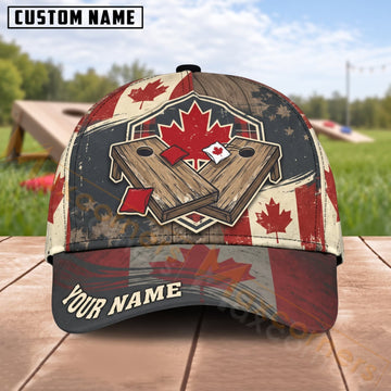Maxcorners Cornhole Canadian Maple Leaf Rustic Board And Bags Personalized Name 3D Cap