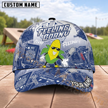 Maxcorners Cornhole Feeling Corny Cartoon Corn Blue Graphic Personalized Name 3D Cap