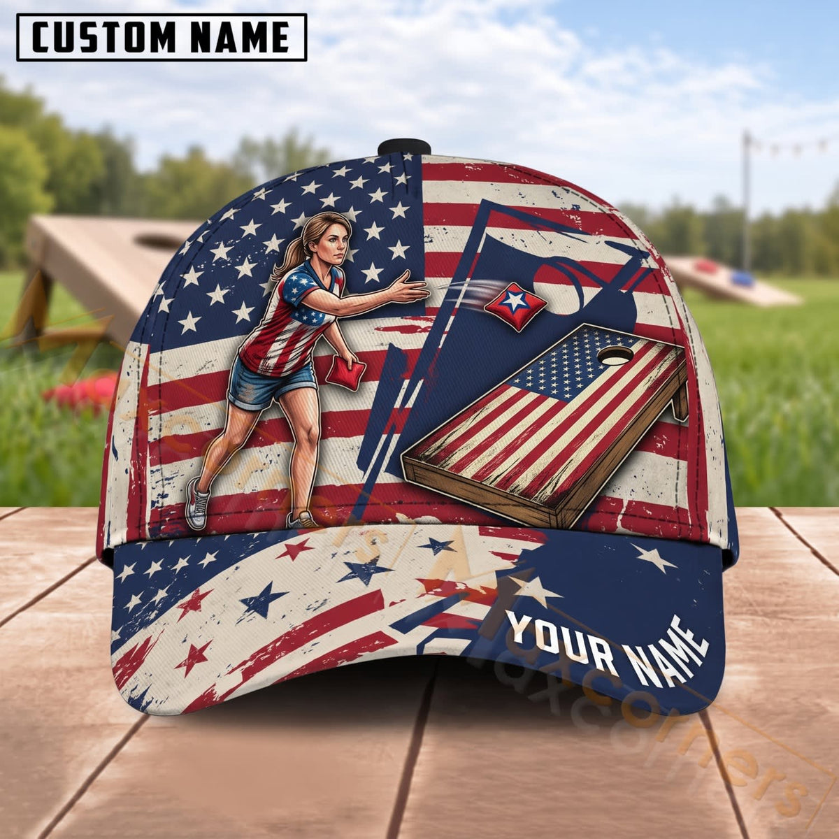 Maxcorners Cornhole American Flag Female Player Patriotic Backyard Personalized Name 3D Cap