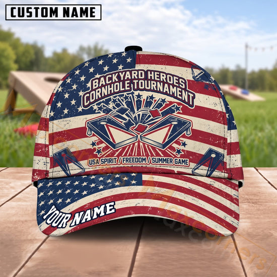 Maxcorners Cornhole Backyard Heroes Tournament American Flag Badge Personalized Name 3D Cap