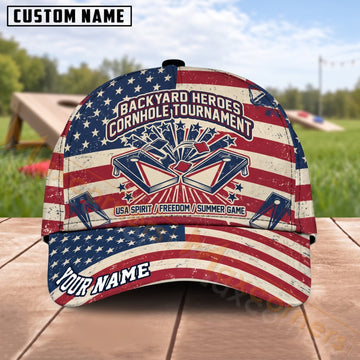 Maxcorners Cornhole Backyard Heroes Tournament American Flag Badge Personalized Name 3D Cap