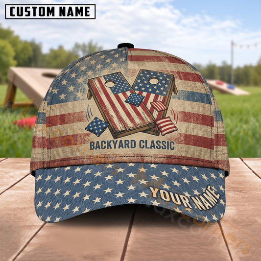 Maxcorners Cornhole Backyard Classic Vintage American Flag Personalized Name 3D Cap