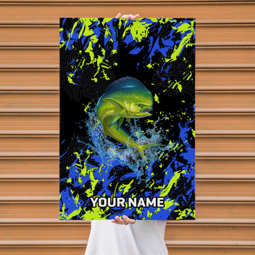 Maxcorners Mahi Mahi Fishing Neon Splash Abstract Art Personalized Name 3D Poster
