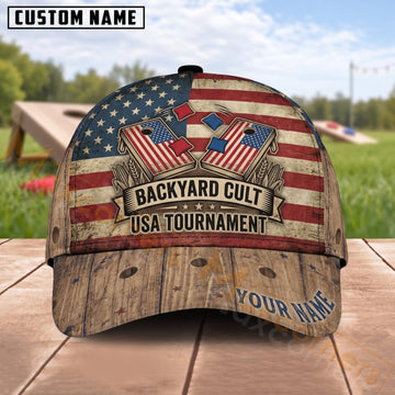 Maxcorners Cornhole Backyard Cult USA Tournament Rustic Wood Personalized Name 3D Cap