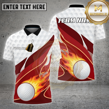 Maxcorners Golf Shirt Red White Flaming Golf Ball Design Multi Options Personalized Name, Team Name 3D Shirt
