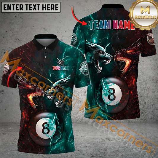 Maxcorners Billiard Ball 8 Dragon And Wolf Multicolor Options Personalized Name, Team Name 3D Polo Shirt (4 Colors)