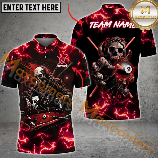 Maxcorners Billiards Ball 8 Skull Fire Multicolor Options Personalized Name, Team Name 3D Polo Shirt (4 Colors)
