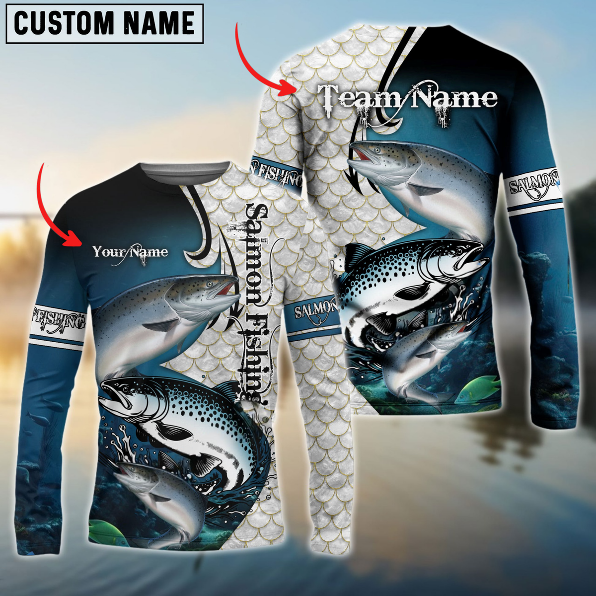 Maxcorners Salmon Fishing Big Fin Pattern Personalized Name, Team Name 3D Long Sleeve Shirt