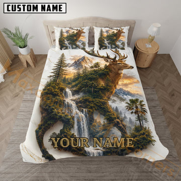 Maxcorners Moose Hunting Snowy Mountain Waterfall Custom Name 3D Bedding Set