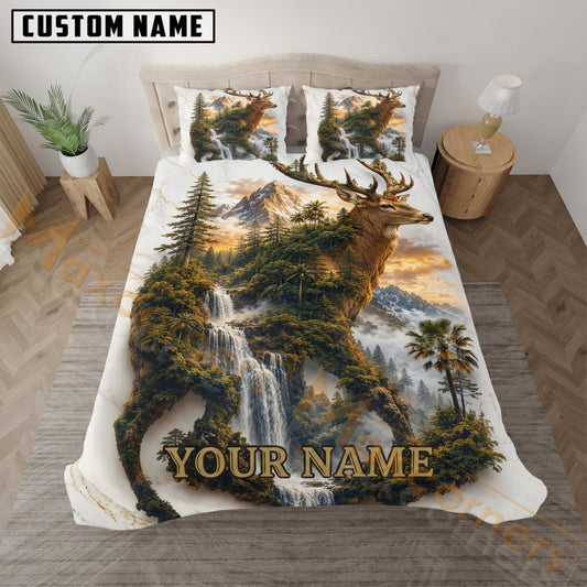 Maxcorners Moose Hunting Snowy Mountain Waterfall Custom Name 3D Bedding Set