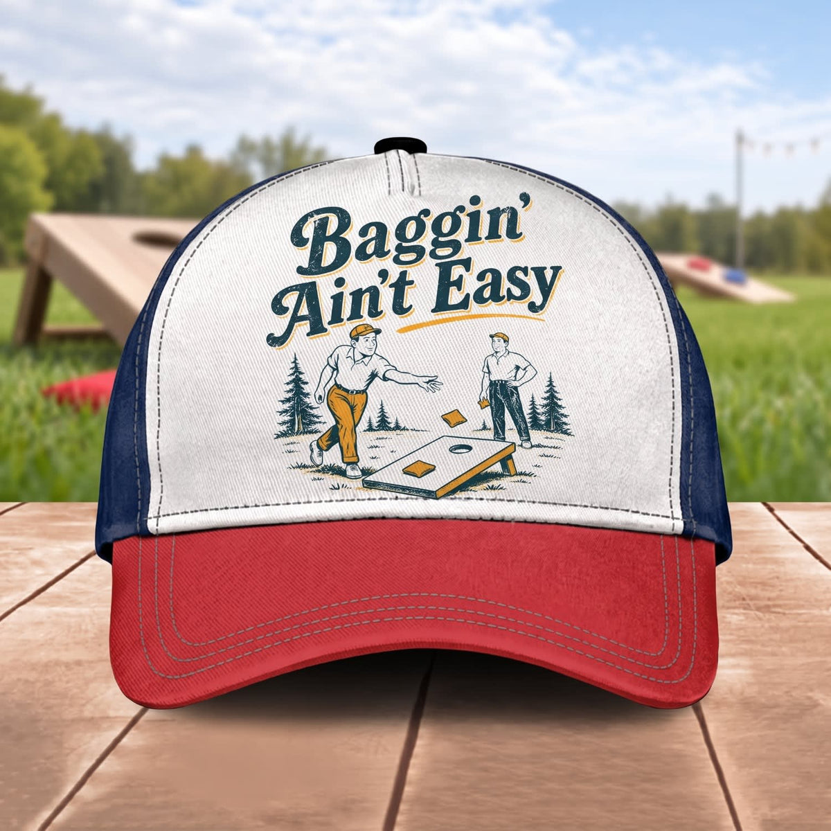 Maxcorners Cornhole Baggin’ Ain’t Easy Retro Design Personalized Name 3D Cap
