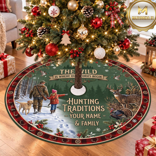 Maxcorners Hunting Family Tradition Deer Forest Personalized Name 3D Christmas Tree Skirt