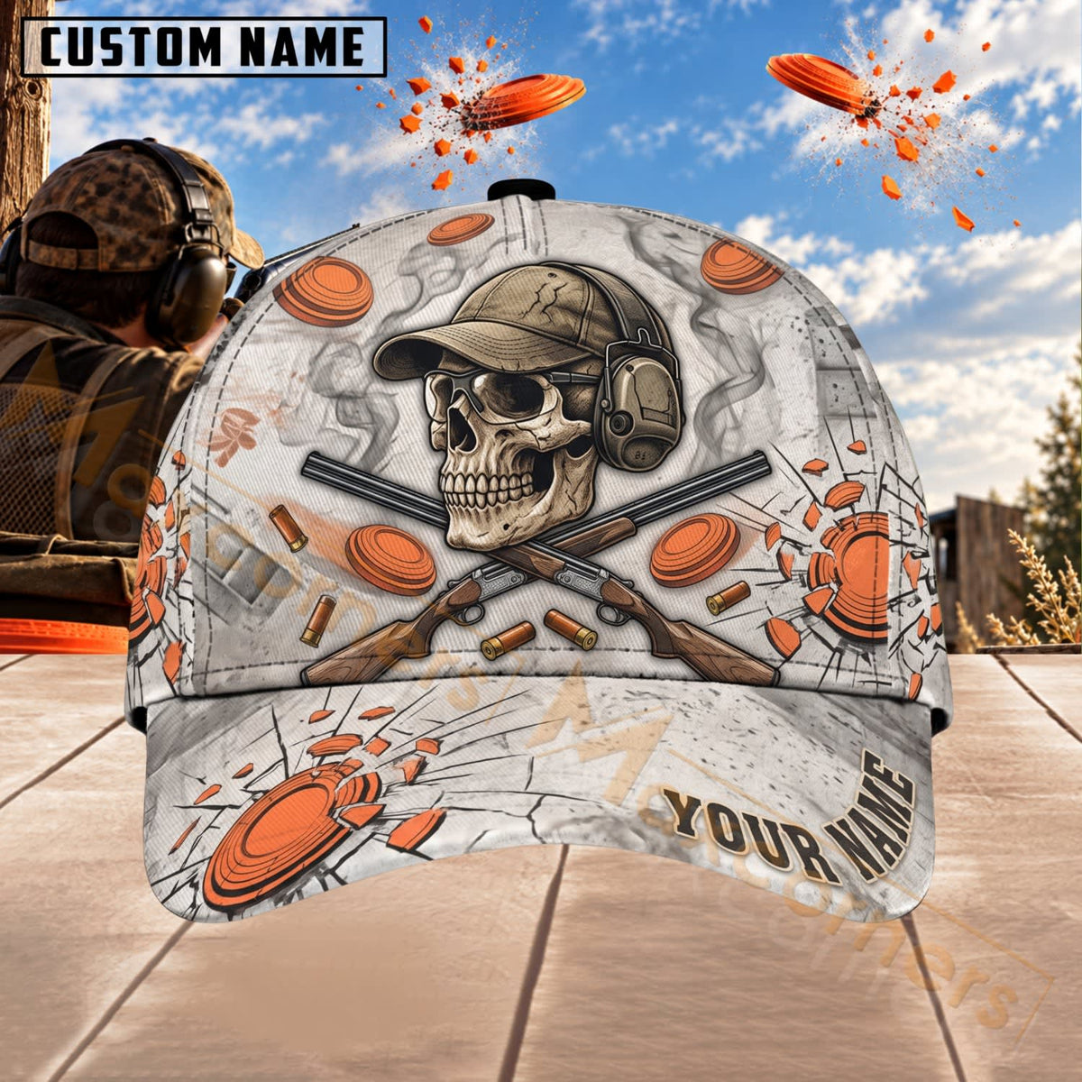Maxcorners Trap & Skeet Shooting Skull Shattered Clay Target Personalized Name 3D Cap