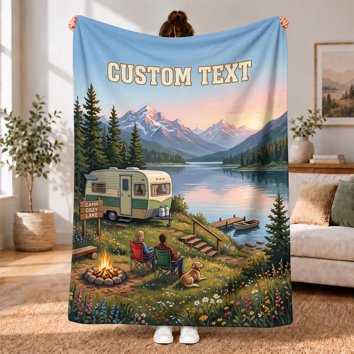 Maxcorners RVs Travel Trailer Alpine Lake Meadow Custom Name 3D Blanket