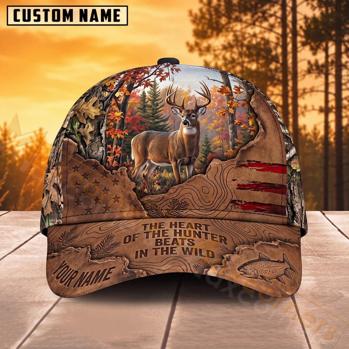 Maxcorners Wildlife Hunting American Flag Wilderness Personalized Name 3D Cap