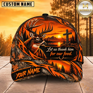Maxcorners Deer Hunting Whitetail Buck Let Us Thank Him for Our Food Orange Woodland Camo Customized Name 3D Cap
