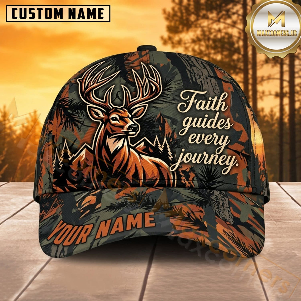 Maxcorners Deer Hunting Whitetail Buck Faith Family Country Autumn Forest Camo Customized Name 3D Cap