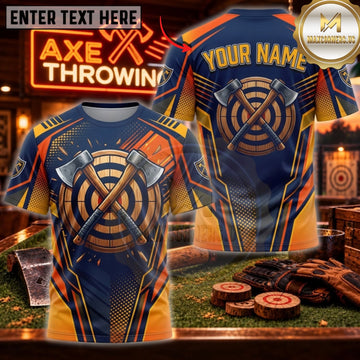 Maxcorners Axe Throwing Navy Gold Crossed Axes Personalized Name 3D Unisex Shirt
