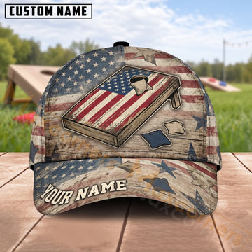 Maxcorners Cornhole American Flag Rustic Board And Bean Bags Personalized Name 3D Cap