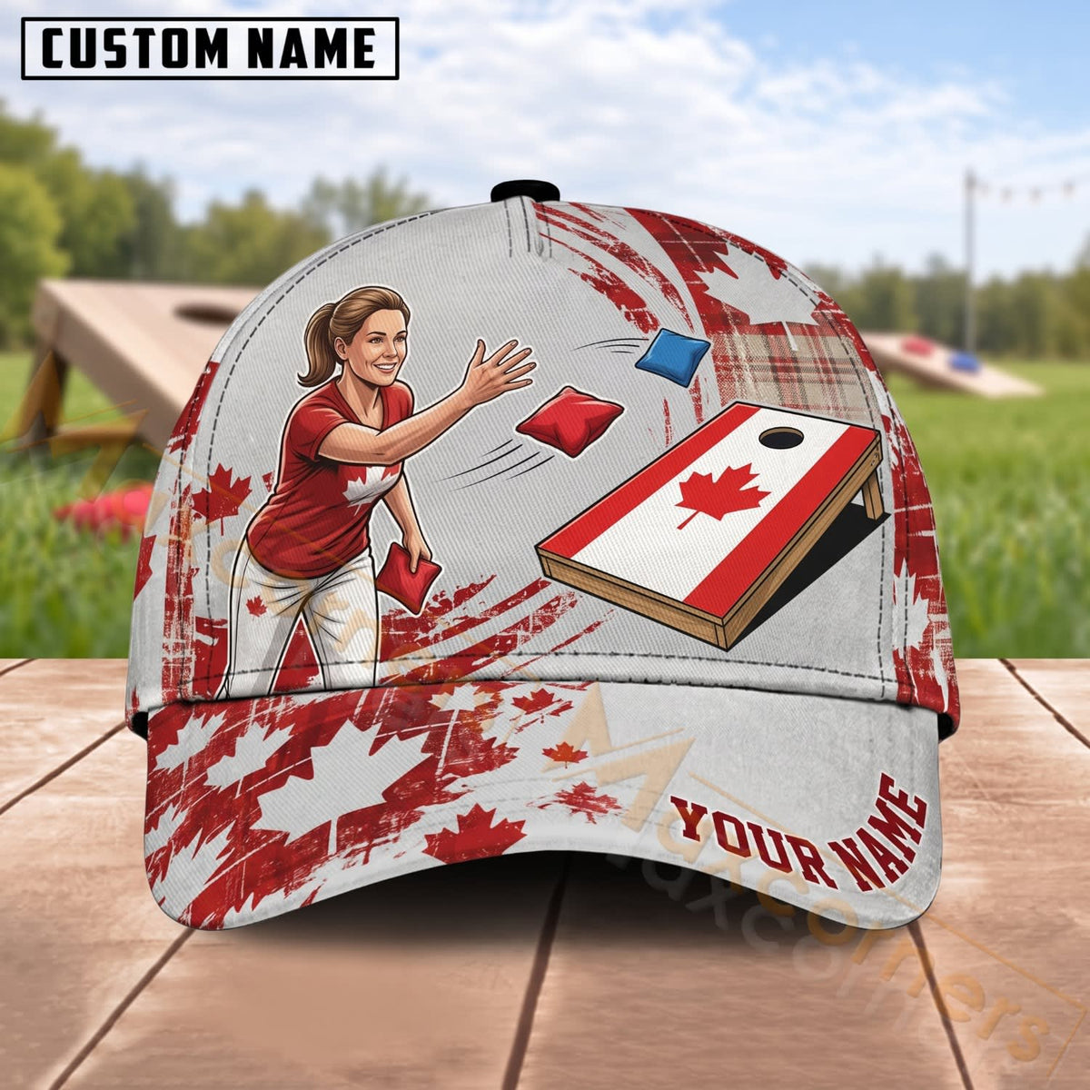Maxcorners Cornhole Canadian Flag Female Player Maple Leaf Throw Personalized Name 3D Cap