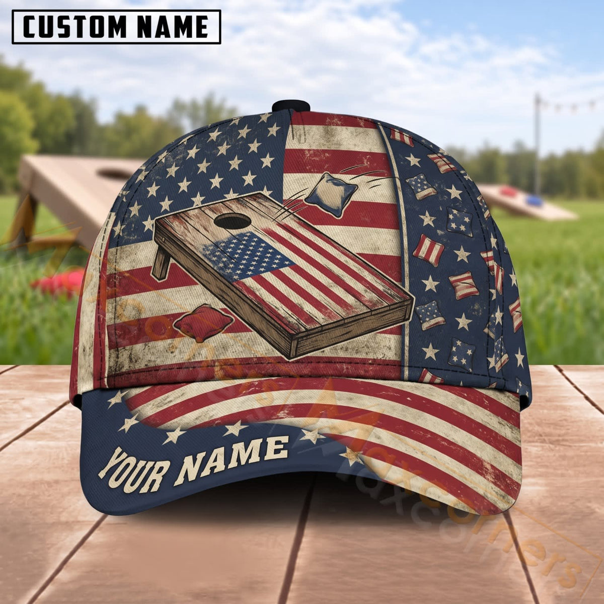 Maxcorners Cornhole American Flag Wooden Board Bean Bags Personalized Name 3D Cap