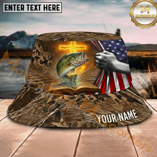 Maxcorners Fishing Patriotic Faith Camo Personalized Name 3D Bucket Hat (12 Fish Species)
