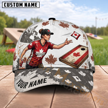 Maxcorners Cornhole Canadian Flag Male Player Maple Leaf Backyard Personalized Name 3D Cap