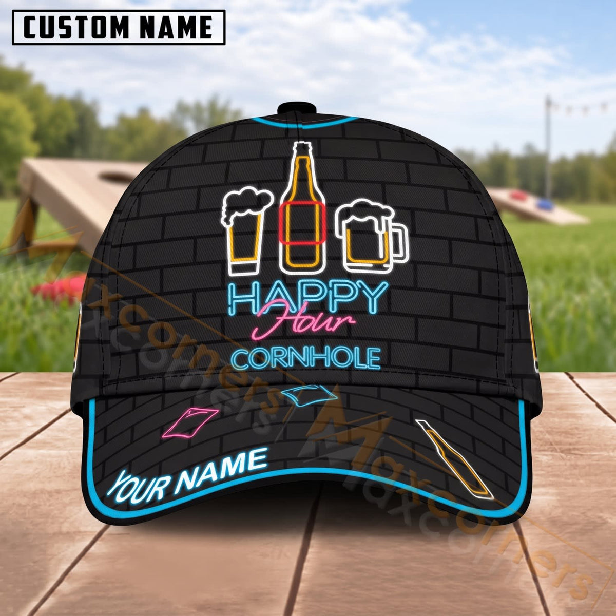 Maxcorners Cornhole Happy Cornhole Neon Beer Bottles Black Personalized Name 3D Cap